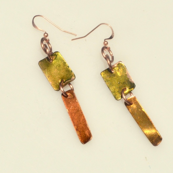 Solid Copper Drop Earrings Chartreuse Green and Yellow Patina Handmade Statement - Picture 3 of 6